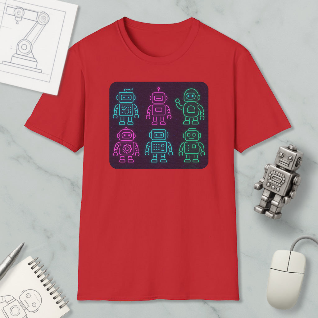 a red t-shirt with a graphic design of six colorful robot icons arranged in a square pattern. The t-shirt is placed on a marble surface, along with a computer mouse, a pen, and a notebook.
