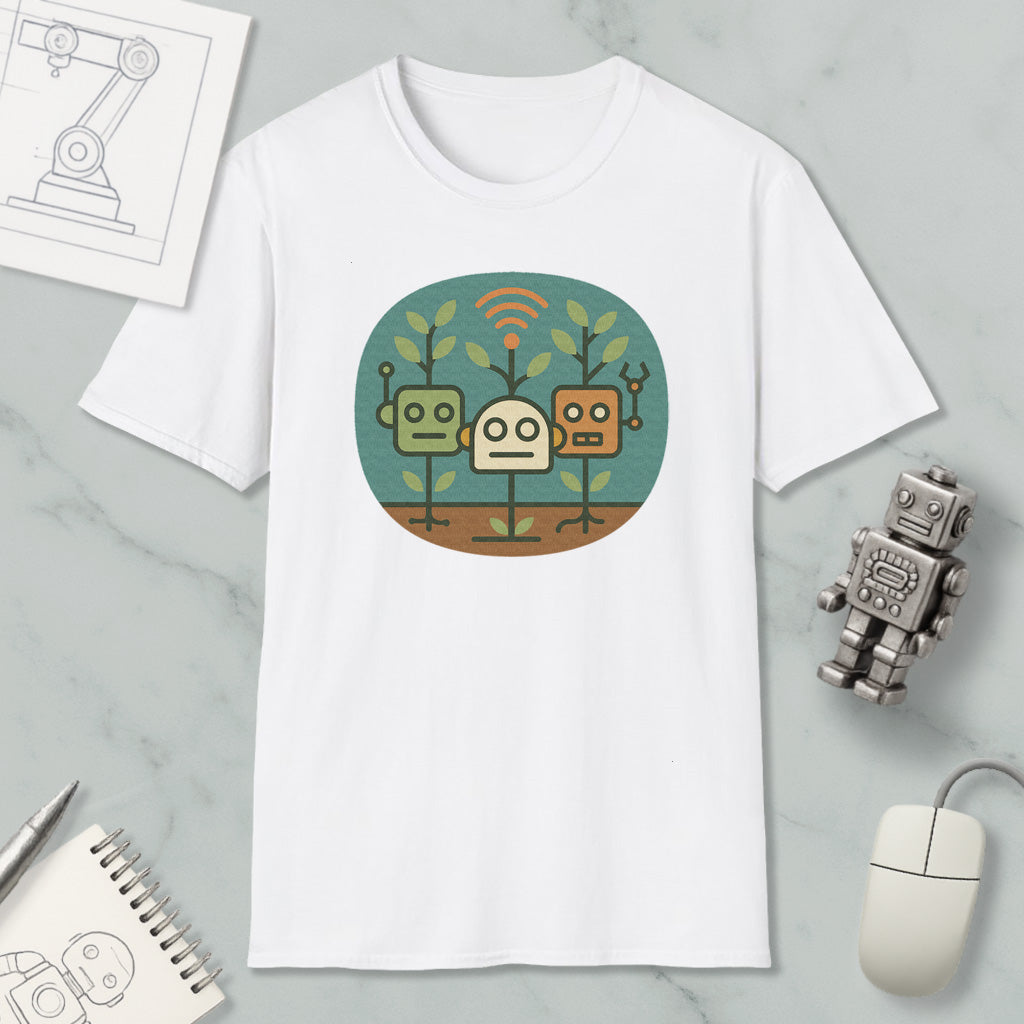 a white t-shirt with a graphic design of three robot characters, surrounded by a green and brown background. The t-shirt is placed on a marble surface, along with a computer mouse, a notepad, and a small robot figurine.