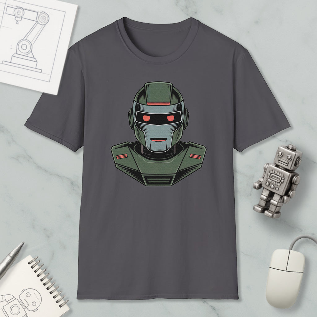 a gray t-shirt with a graphic of a robot or robot-like character, along with a computer mouse and a notebook.
