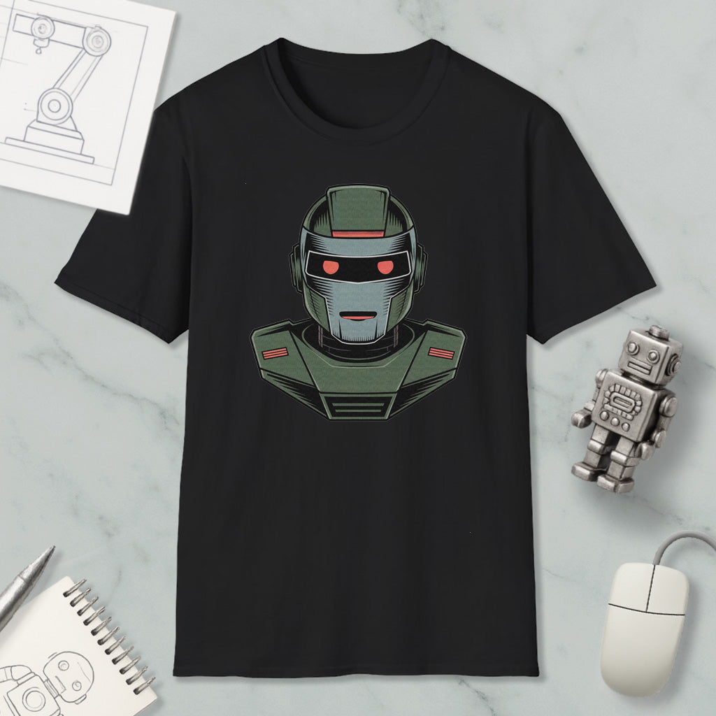 a black t-shirt with a graphic of a robot or robot-like character, along with a computer mouse and a notebook.