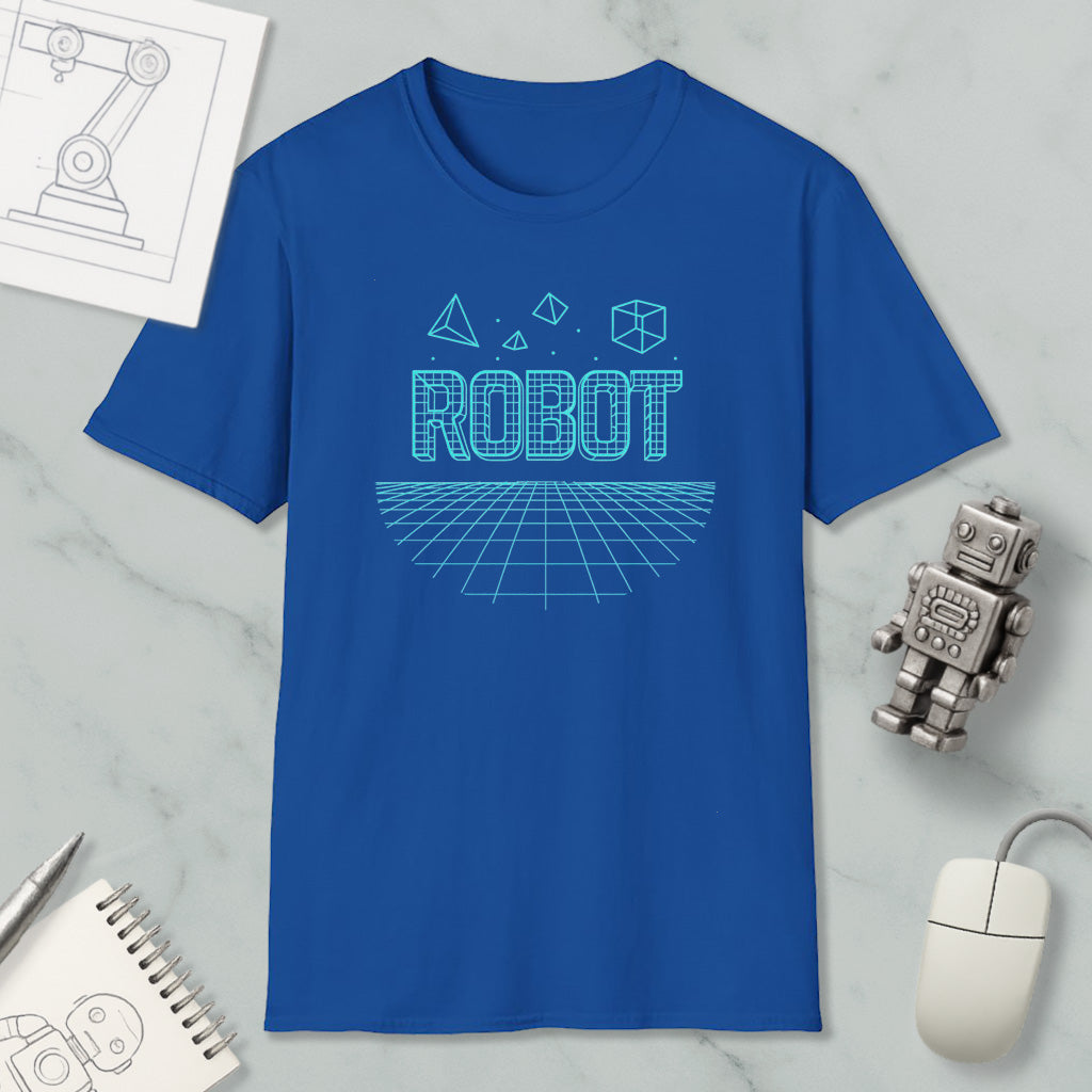 a blue t-shirt with the word "ROBOT" printed on it, along with various geometric shapes and a robot figure. The t-shirt is displayed on a marble surface, and there are other items such as a computer mouse, a notebook, and a sketch of a robot figure nearby.