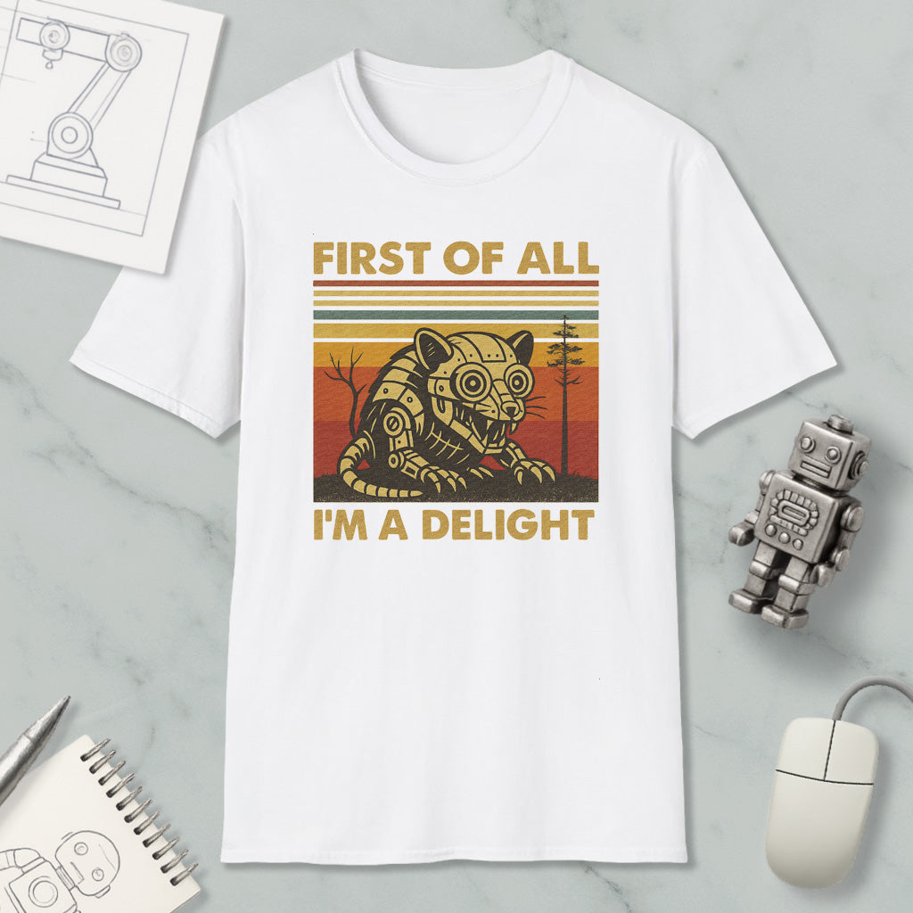 a white t-shirt with a graphic design of a robot or mechanical figure, along with the text "FIRST OF ALL I'M A DELIGHT".