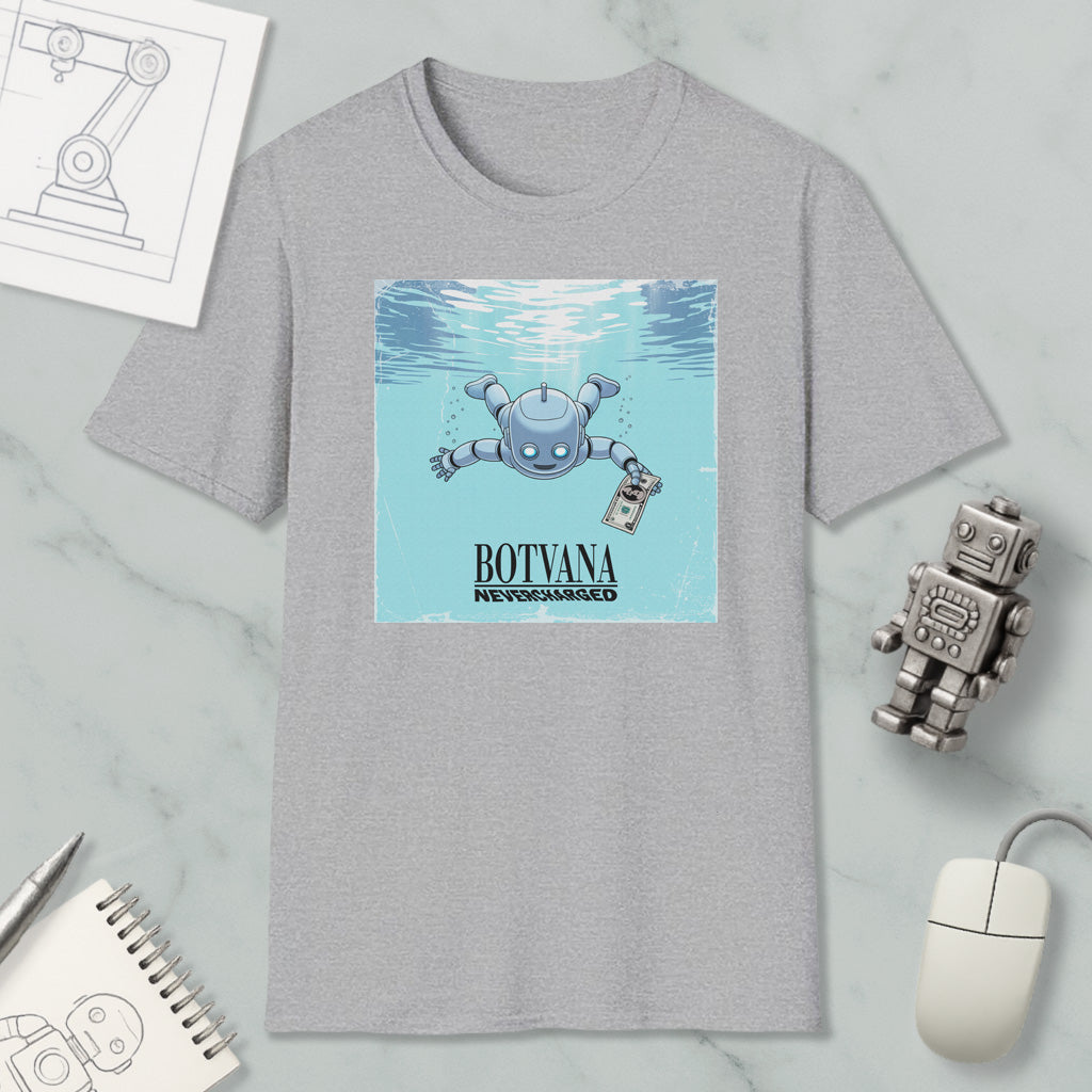a gray t-shirt with a graphic design depicting a robot underwater, accompanied by the text "BOTVANA NERVETED".