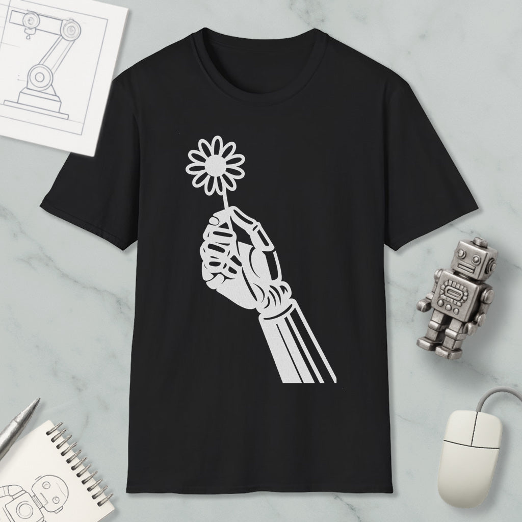a black t-shirt with a white graphic design depicting a hand holding a flower, along with a computer mouse, a notebook, and a robot figurine.