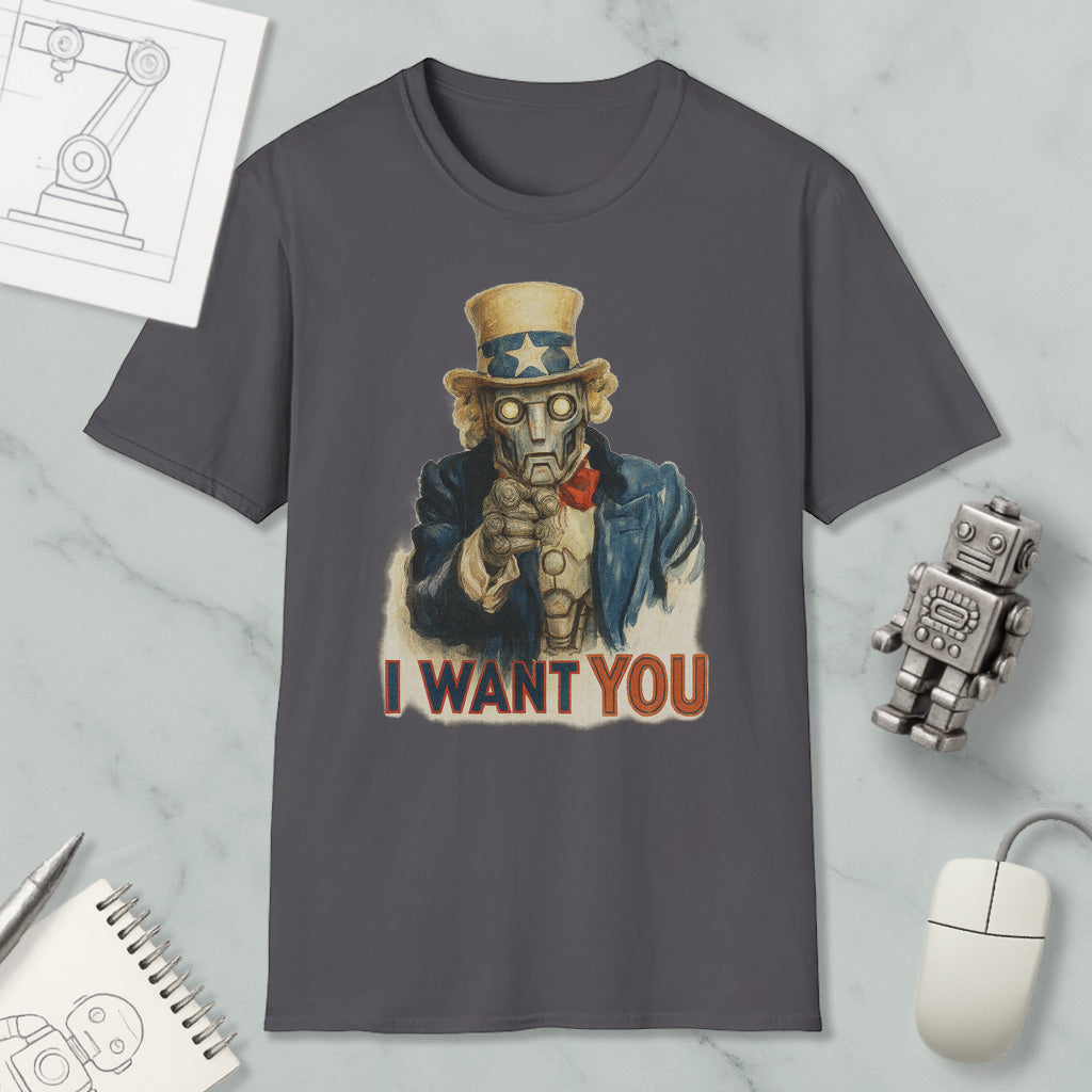 a gray t-shirt with a graphic design of a robot character and the text "I WANT YOU" printed on it.