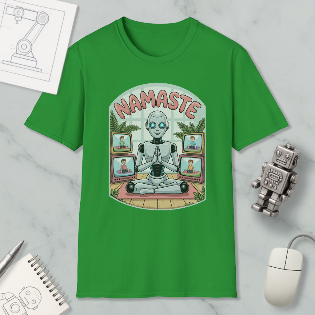 a green t-shirt with a graphic design depicting a robot sitting in a meditative pose, surrounded by various images of people.