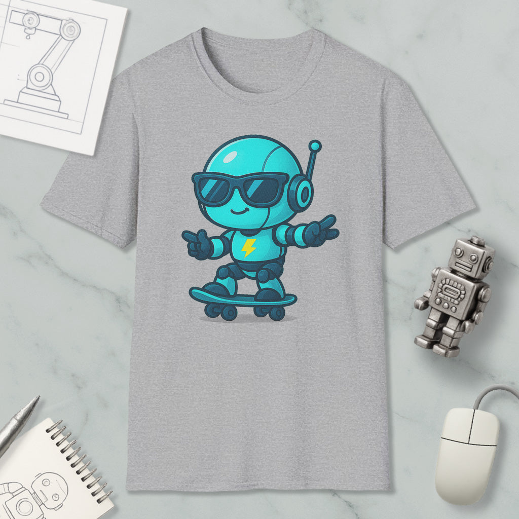 a gray t-shirt with a cartoon robot riding a skateboard, accompanied by various objects such as a computer mouse, a notebook, and a robot figurine.