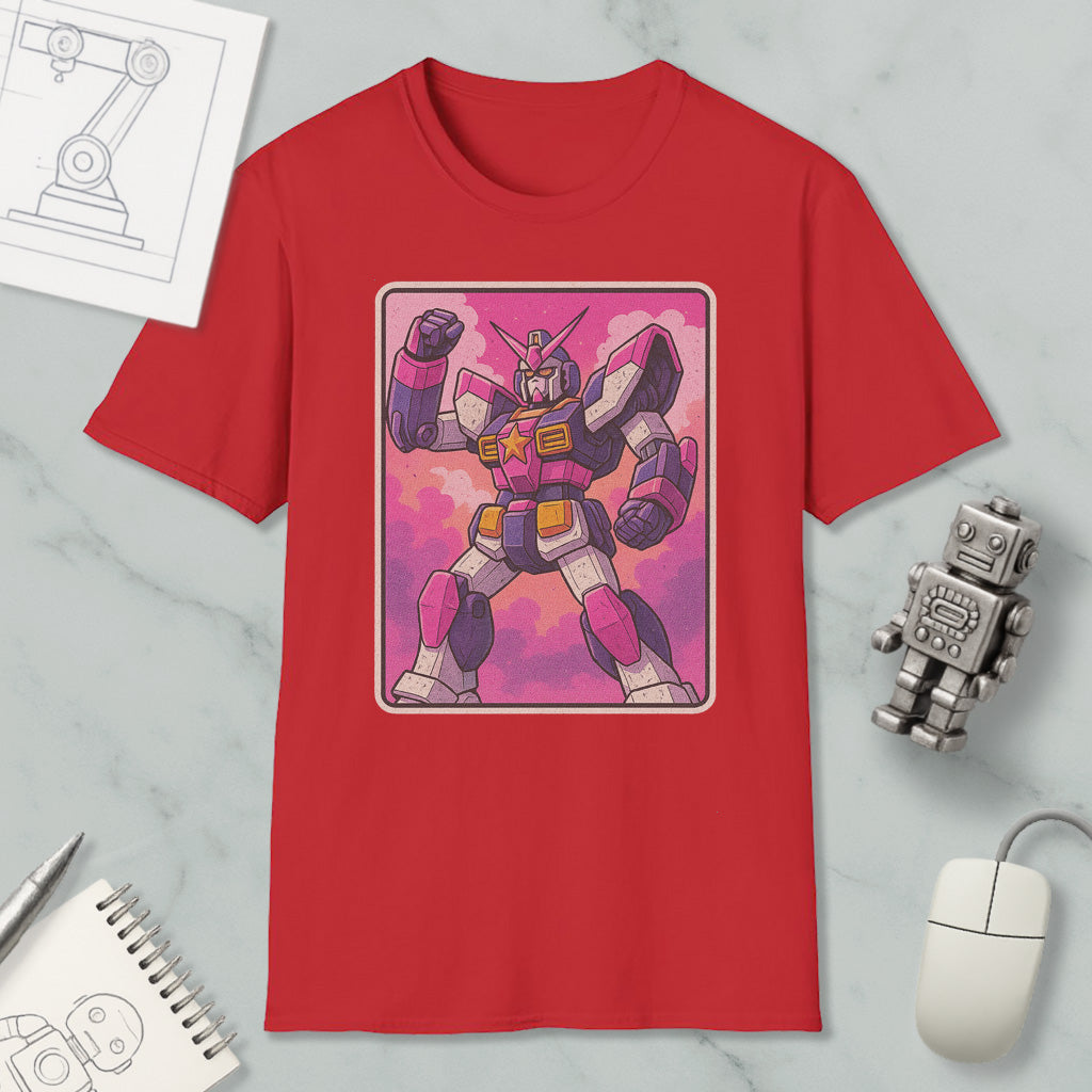 a red t-shirt with a graphic of a pink and purple robot or character, along with a computer mouse and other office supplies.