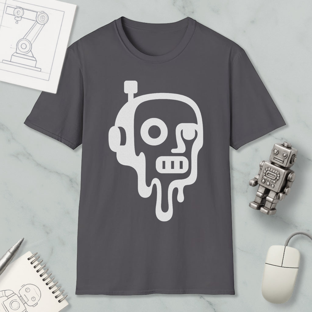 a gray t-shirt with a white graphic design depicting a robot or robot-like figure with dripping or melting features, surrounded by various objects such as a computer mouse, a notebook, and a small robot figurine.