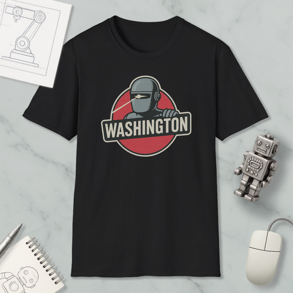 a black t-shirt with a graphic design of a robot and the word "WASHINGTON" printed on it, along with a computer mouse and a notebook.