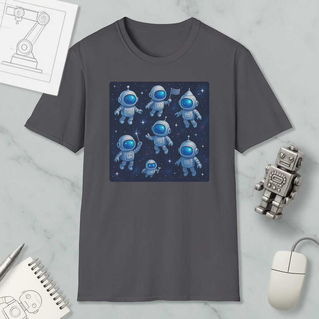 a gray t-shirt with a graphic design of eight cartoon-like astronaut figures in a space scene, surrounded by stars. The t-shirt is placed on a marble surface, and there are various objects such as a computer mouse, a notepad, and a robot figurine nearby.