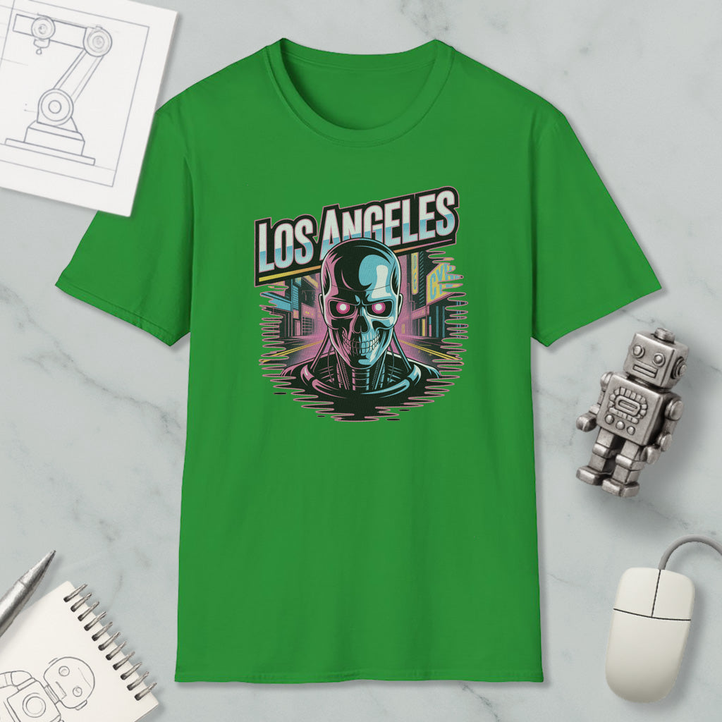 a green t-shirt with a graphic design of a skull and cityscape, along with a computer mouse and other office supplies.