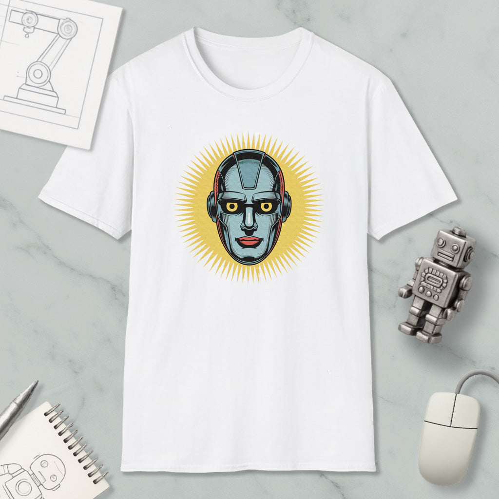 a white t-shirt with a graphic design of a robot's face, surrounded by various objects such as a computer mouse, a notebook, and a pen.