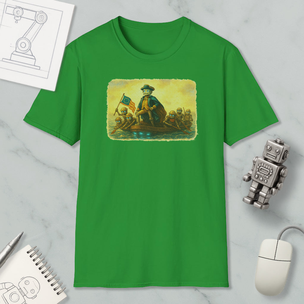 a green t-shirt with a graphic design depicting a man on a boat, surrounded by other people, on a marble surface.