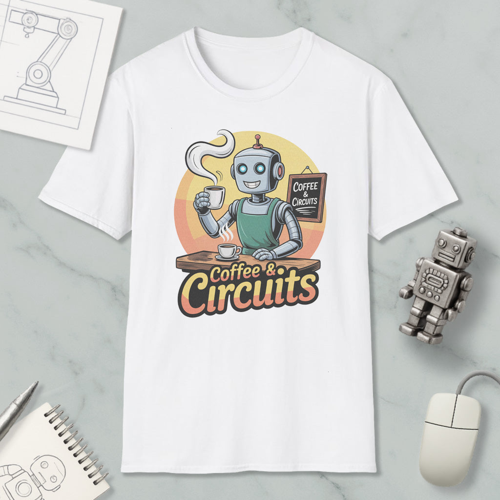 a white t-shirt with a graphic design depicting a robot holding a cup of coffee and a sign that says "Coffee & Circuits". The t-shirt is placed on a marble surface, surrounded by various objects such as a computer mouse, a notebook, and a robot figurine.