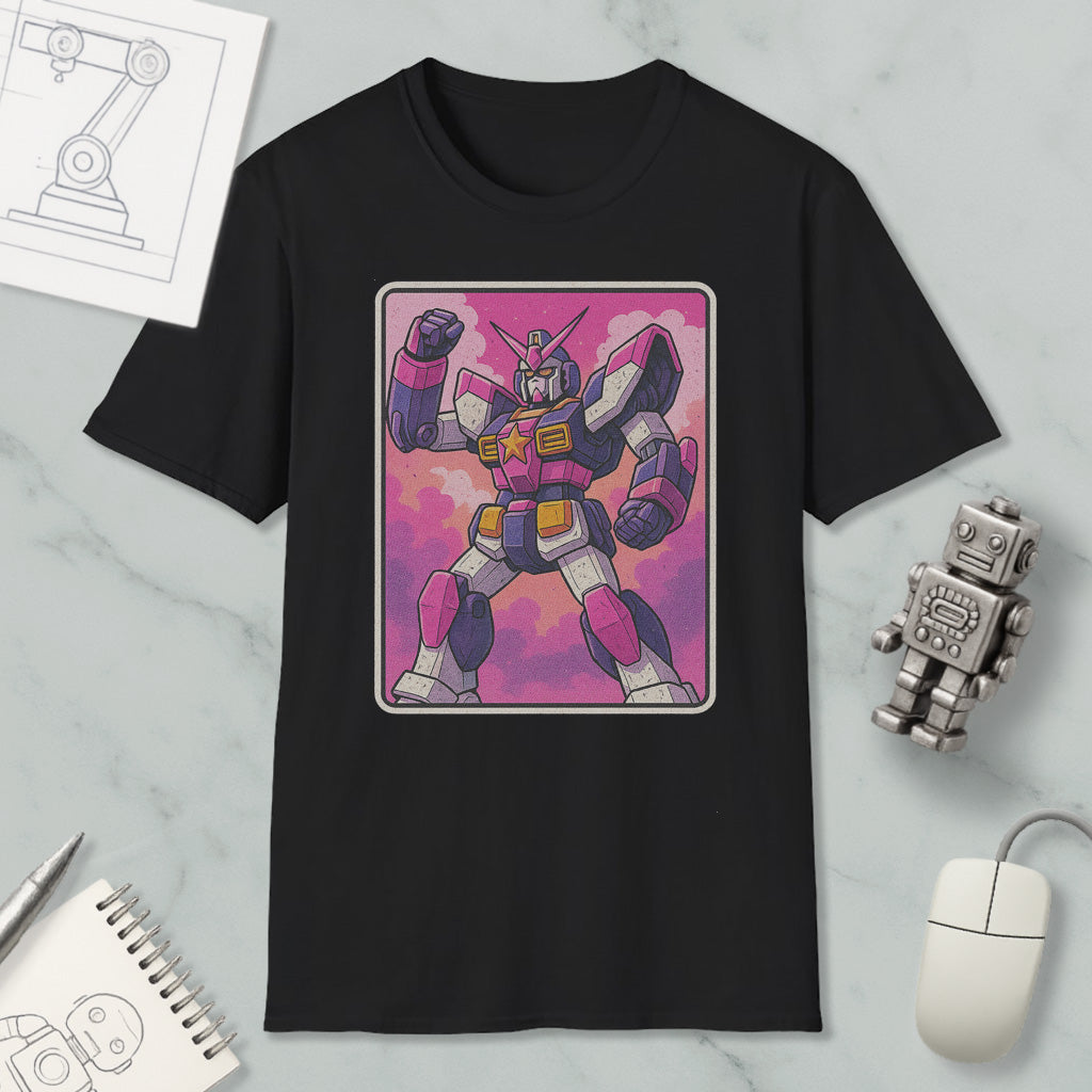 a black t-shirt with a colorful graphic of a robot or character, along with various objects such as a mouse, a notebook, and a robot figurine.