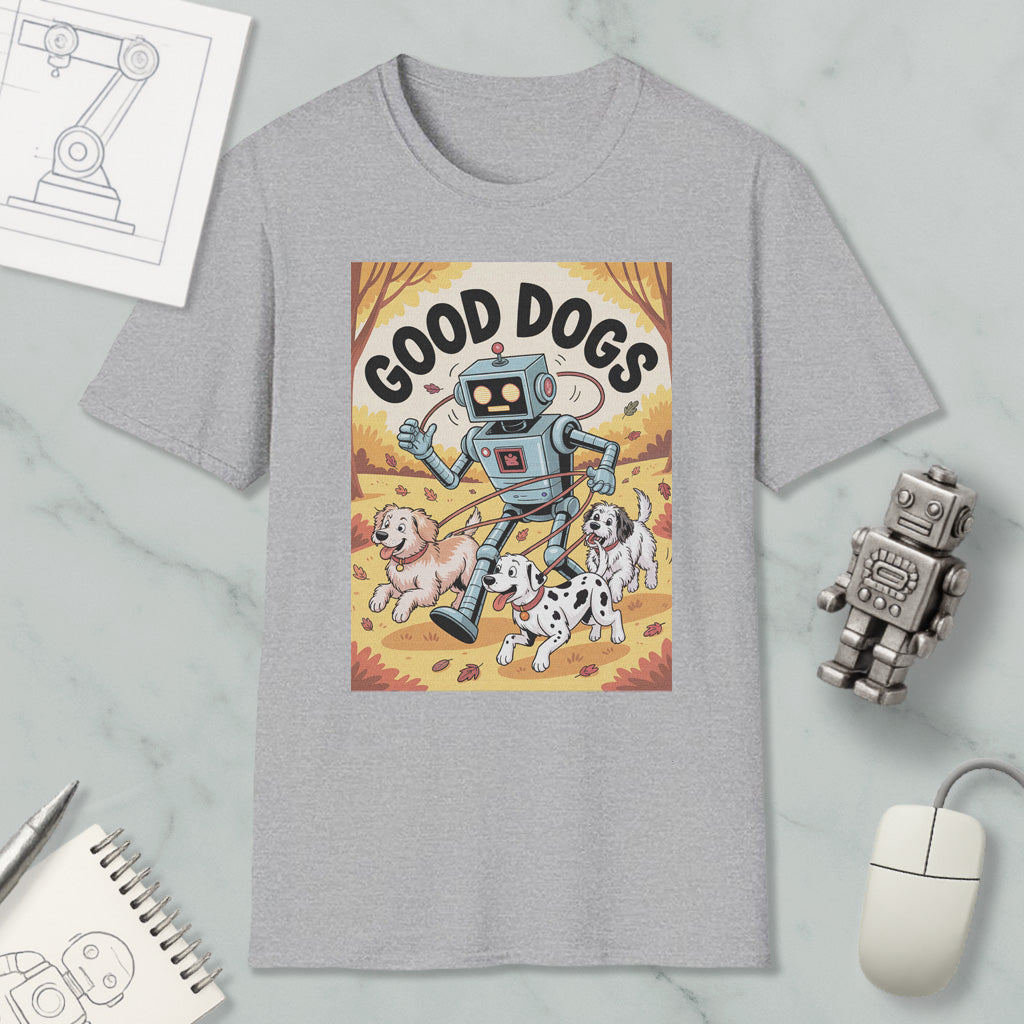a gray t-shirt with a cartoon robot and three dogs, along with a computer mouse and a notebook.