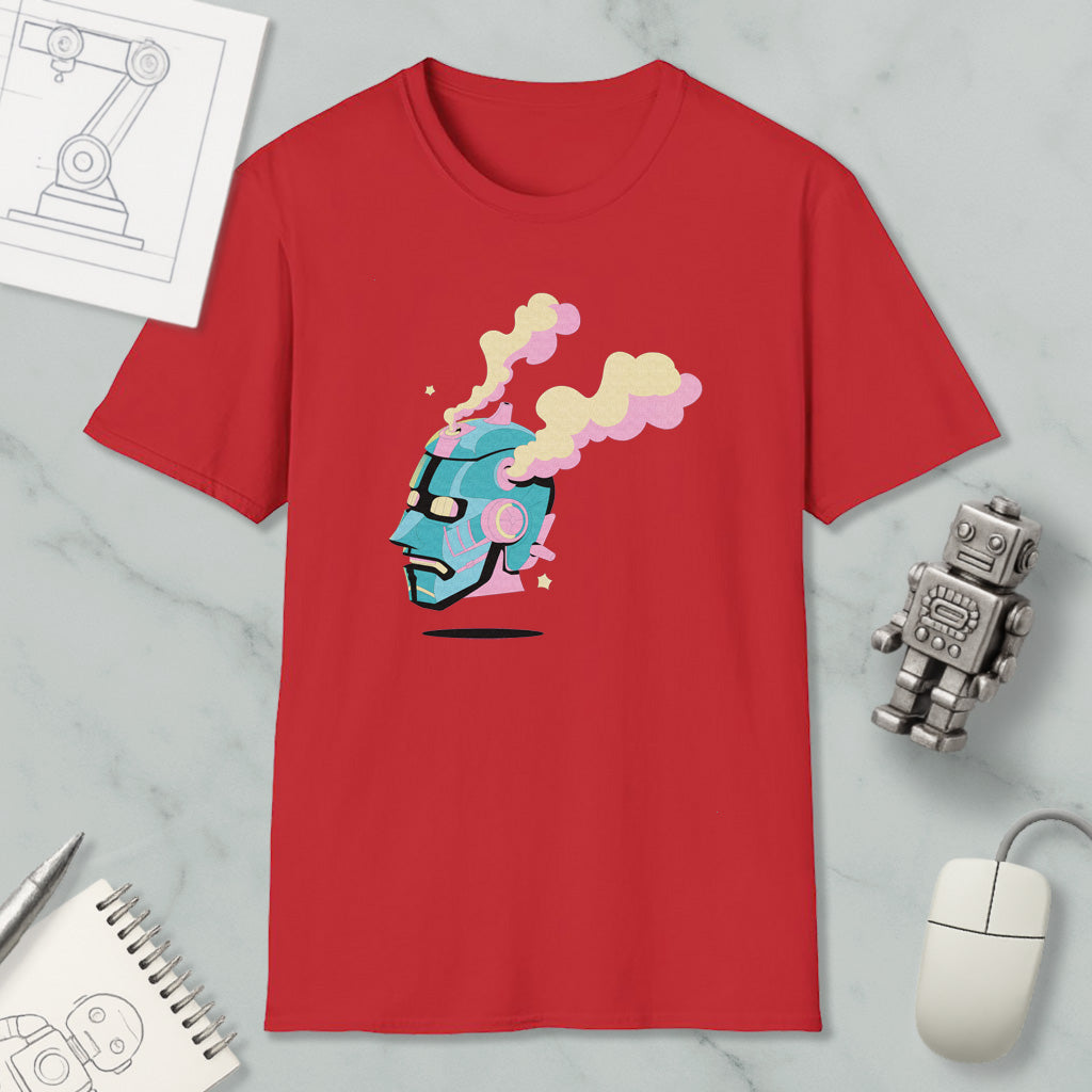 a red t-shirt with a colorful graphic design, including a robot or robot-like figure with a face and smoke coming out of its head. The t-shirt is displayed on a marble surface, along with a computer mouse, a notebook, and a pen.
