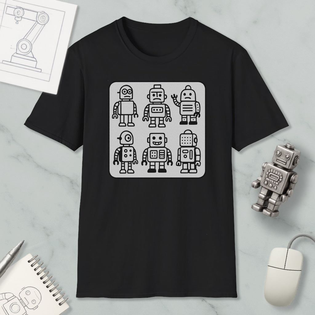 a black t-shirt with a graphic design of six cartoon-style robots, along with a computer mouse and a notebook on a marble surface.