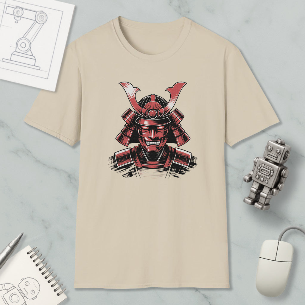 a beige t-shirt with a graphic design of a red and black warrior figure, along with various objects such as a computer mouse, a notebook, and a robot.