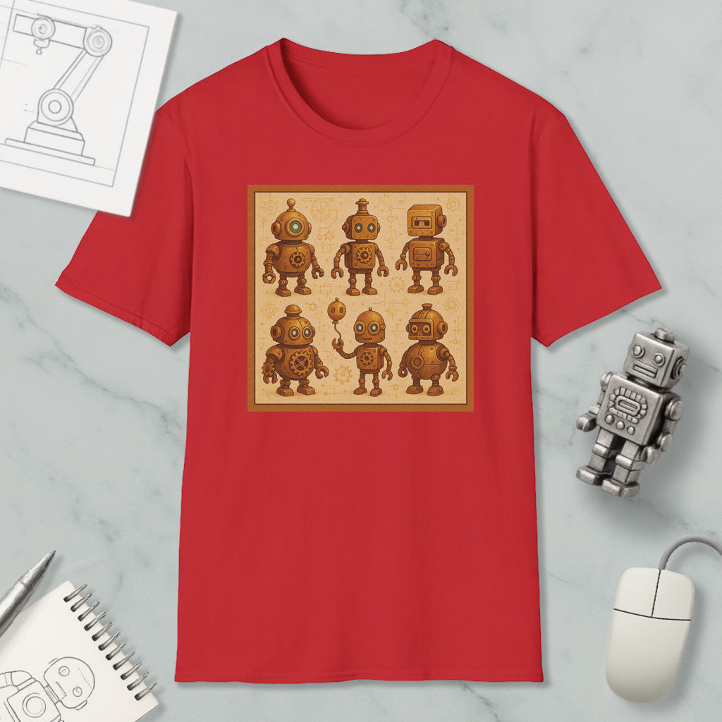 a red t-shirt with a square design of six cartoon-like robots, each with unique features and poses. The t-shirt is displayed on a marble surface, along with a computer mouse, a notebook, and a pen.