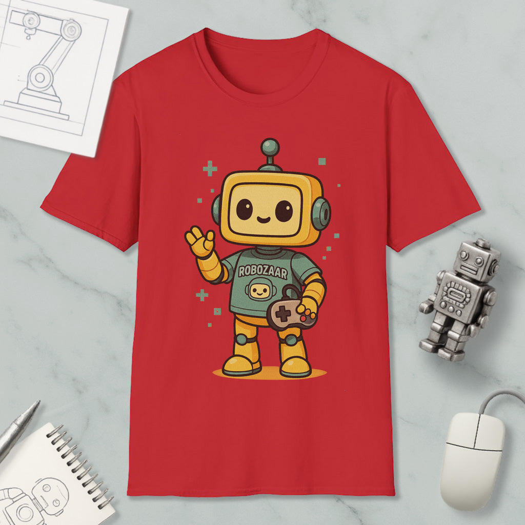 a red t-shirt with a cartoon robot character, a computer mouse, a notebook, and a pen on a marble surface.