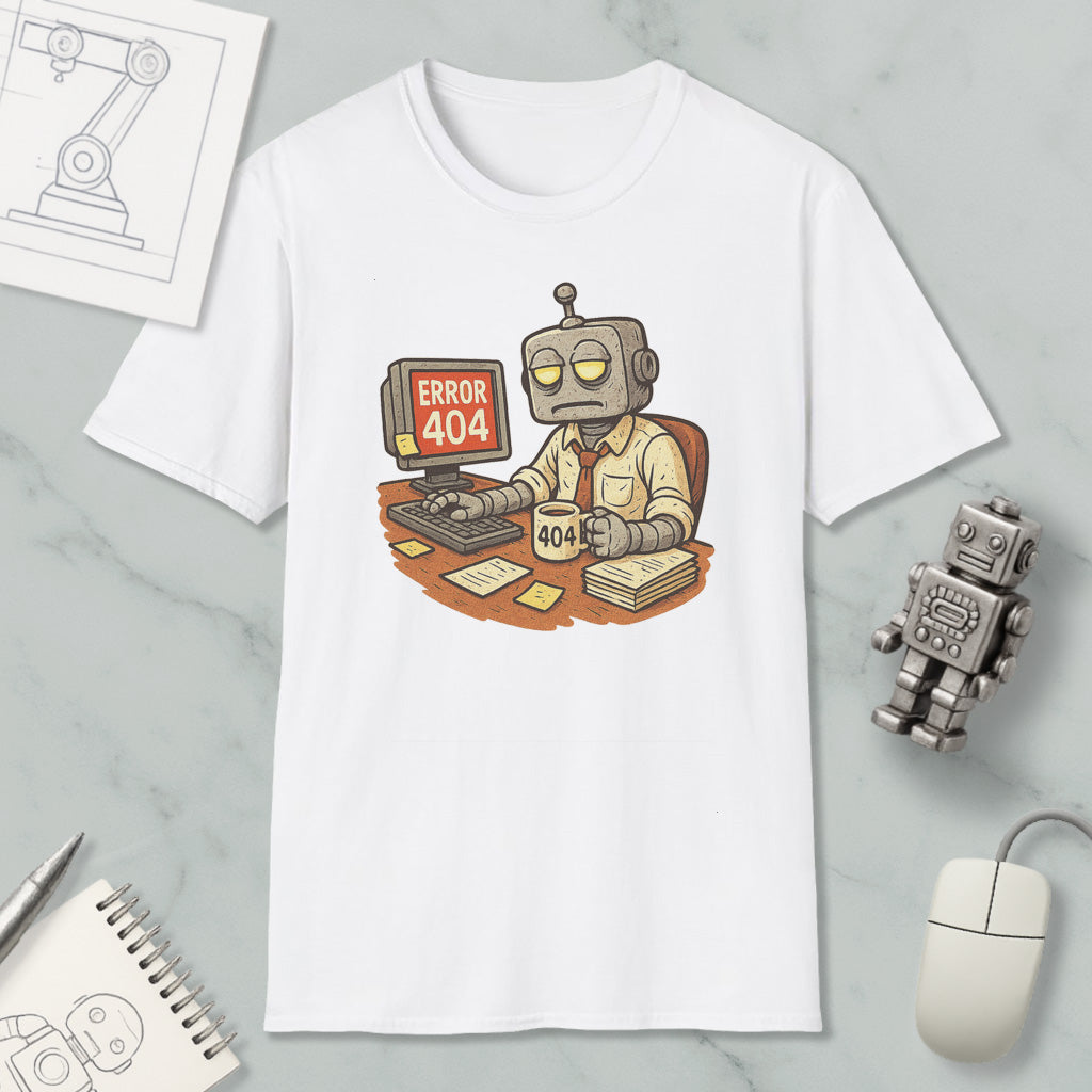 a white t-shirt with a cartoon illustration of a robot sitting at a desk, working on a computer, and displaying an error message that reads " Error 404".