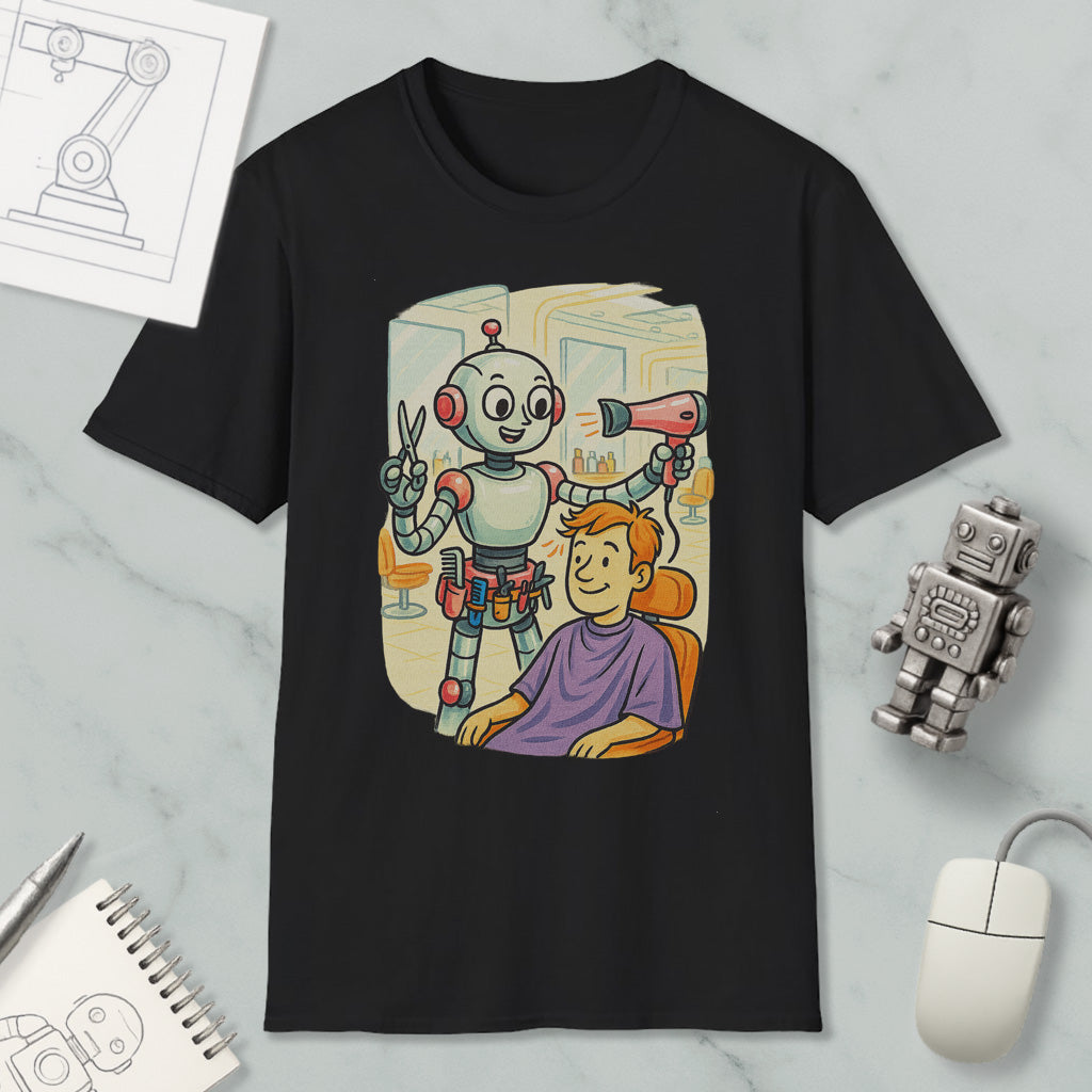 A black t-shirt with a cartoon illustration of a robot giving a haircut to a person.