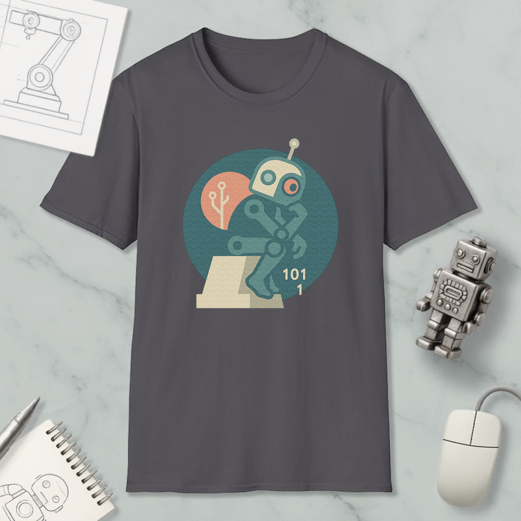a gray t-shirt with a graphic design of a robot, a computer mouse, and a notebook, all placed on a marble surface.
