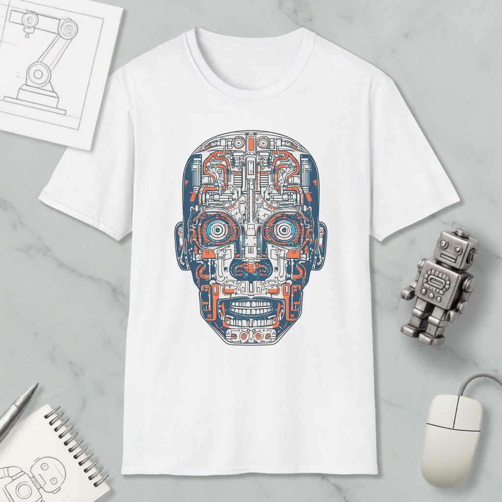 a white t-shirt with a colorful, intricate robot or machine face design printed on it, along with various objects such as a computer mouse, a pen, and a notebook.