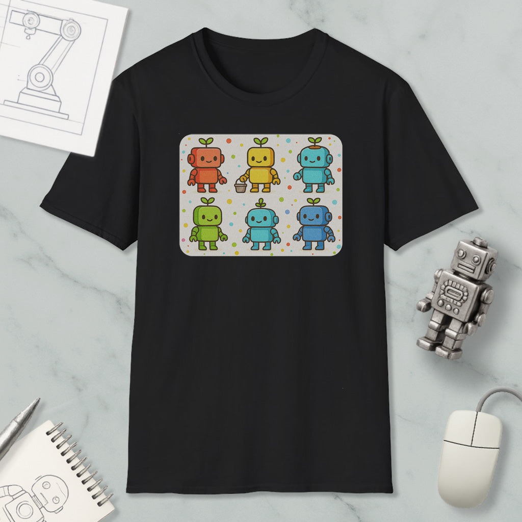 a black t-shirt with a colorful graphic design of six cartoon robots, each with a unique color and pose. The t-shirt is displayed on a marble surface, along with a computer mouse, a notepad, and a small robot figurine.