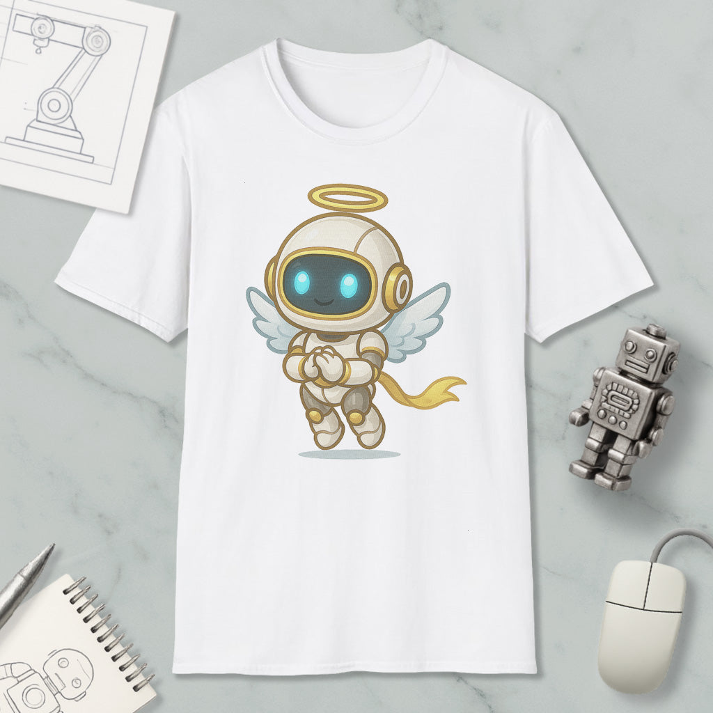a white t-shirt with a cartoon illustration of a winged robot or mascot, along with various objects such as a computer mouse, a notebook, and a small robot figurine.