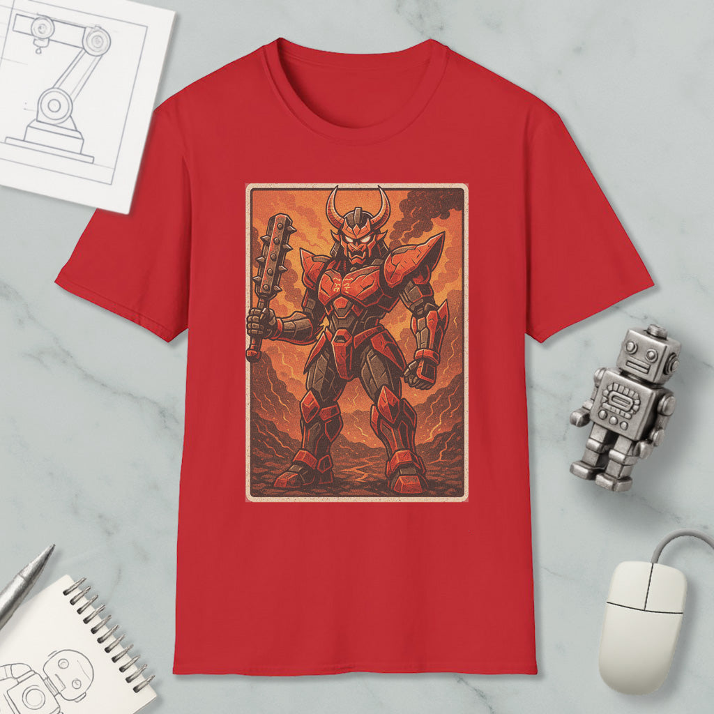 a red t-shirt with a graphic of a red and black armored character, possibly a robot or warrior, holding a weapon and standing in a fiery, rocky environment.