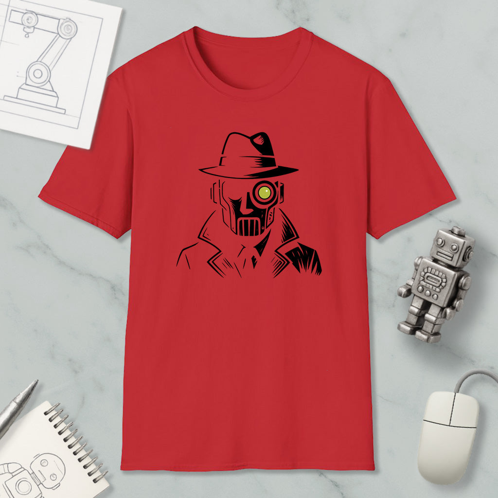a red t-shirt with a graphic design of a man wearing a hat and a green eye, along with a computer mouse and other office supplies.