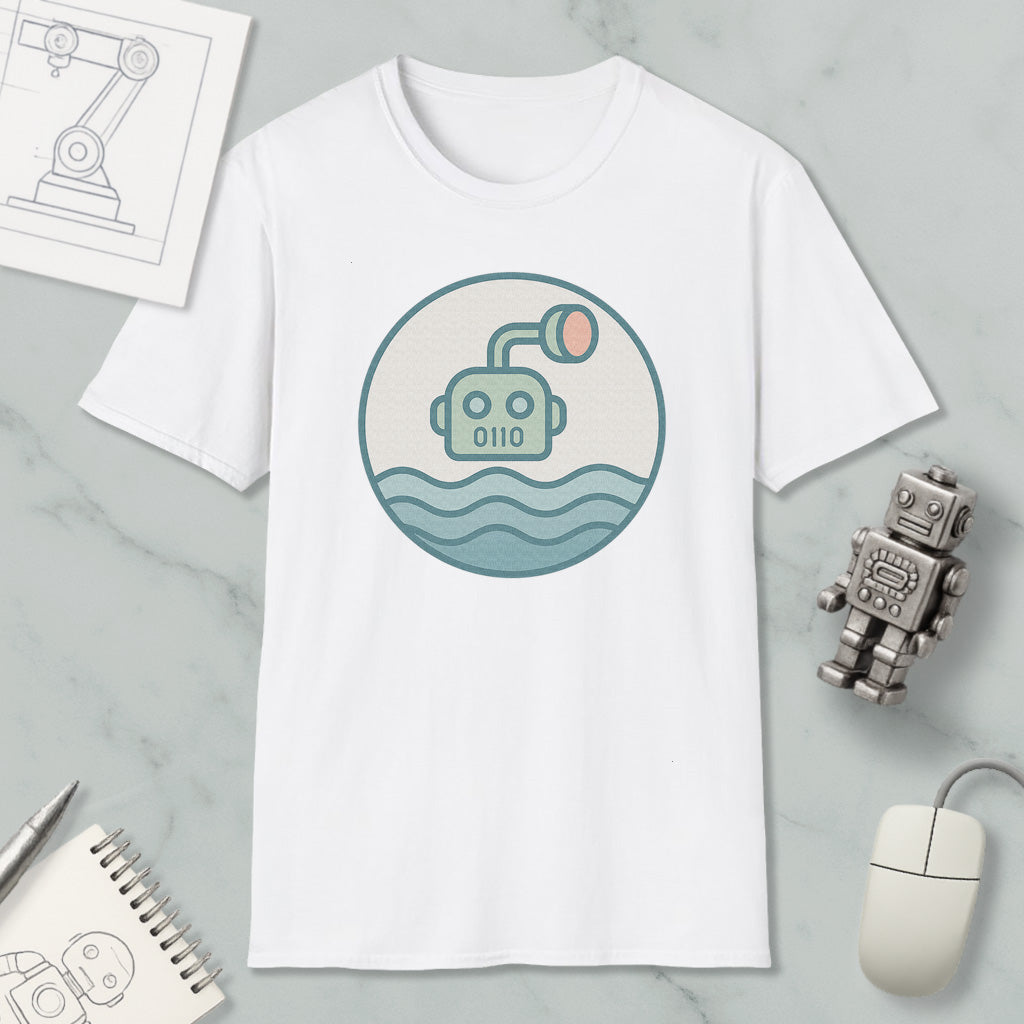a white t-shirt with a graphic design of a robot or submarine in the water, along with a computer mouse, a notebook, and a pen on a marble surface.