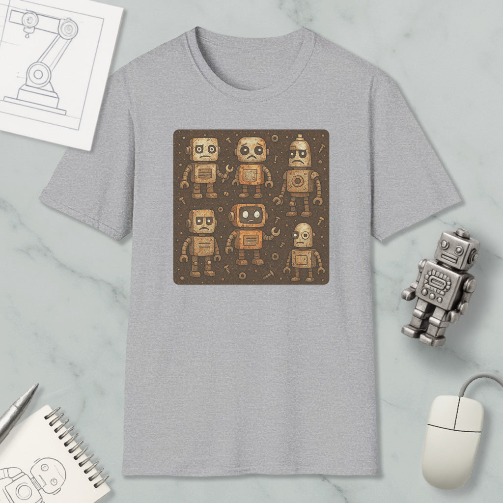 a gray t-shirt with a square design of six cartoon-like robots, along with a computer mouse and a notebook on a marble surface.