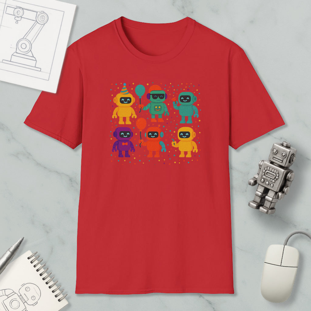 a red t-shirt with a colorful graphic of seven cartoon robots, along with a computer mouse and a notebook on a marble surface.