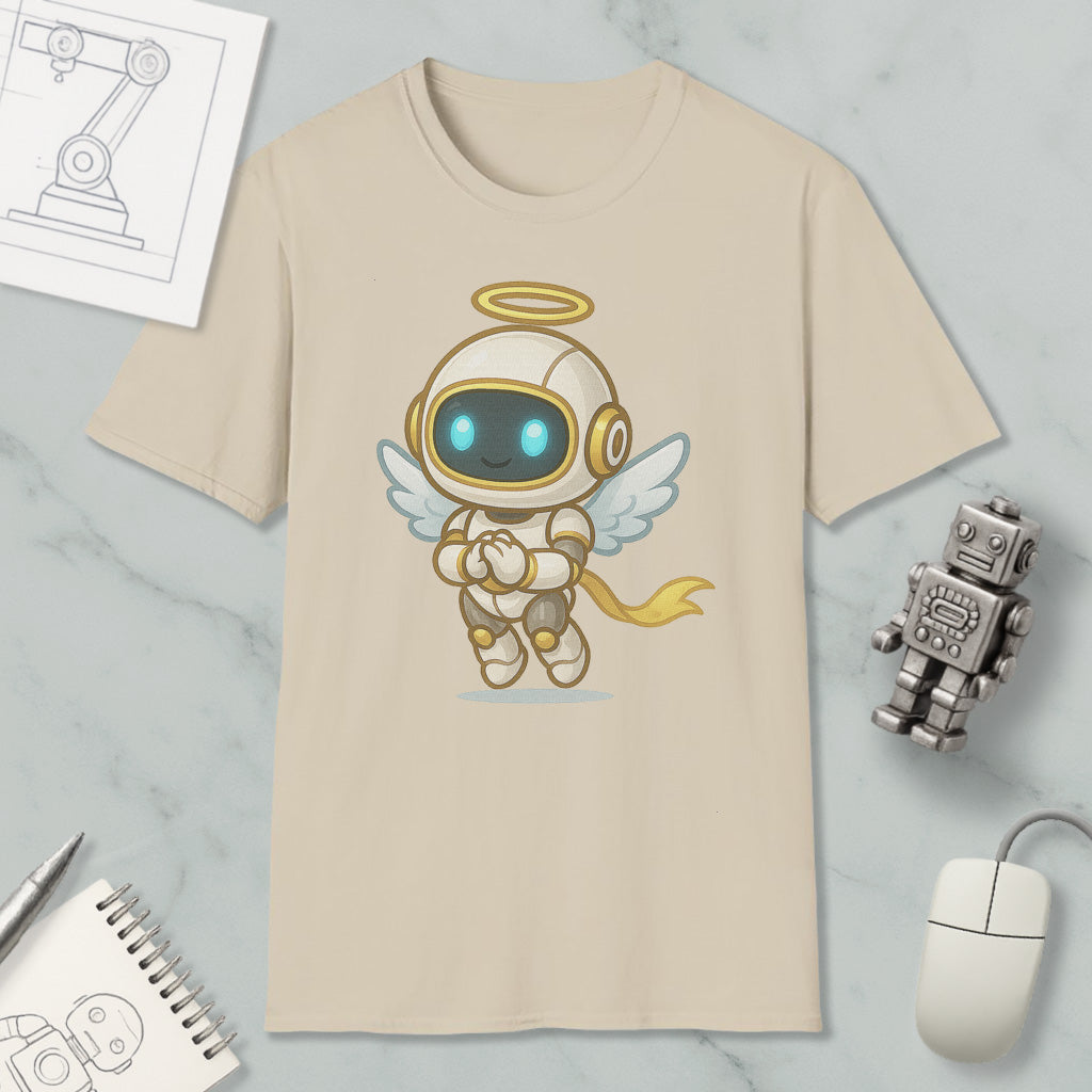 a t-shirt with a cartoon character resembling a robot or angel, along with various objects such as a mouse, a notebook, and a robot figurine.
