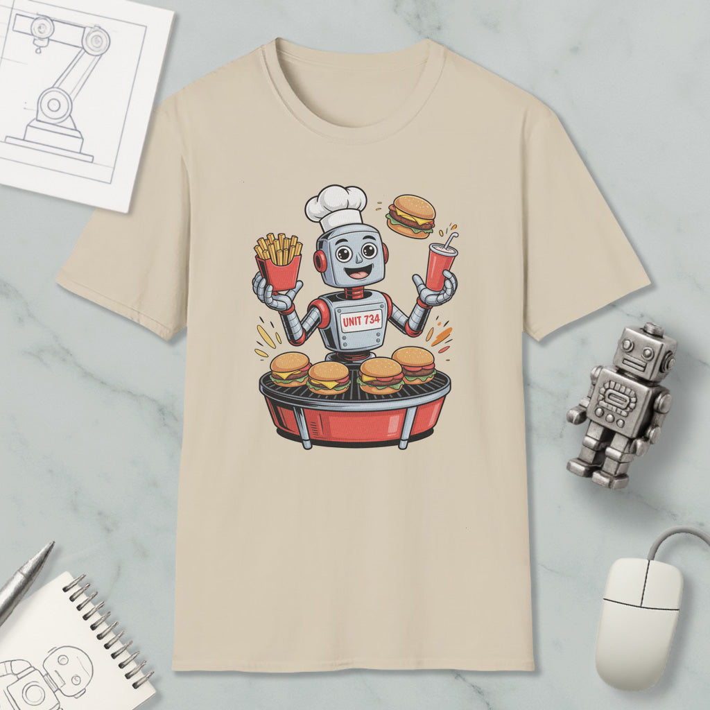 A t-shirt with a cartoon robot chef cooking hamburgers and french fries, surrounded by various objects such as a computer mouse, a notebook, and a robot toy.
