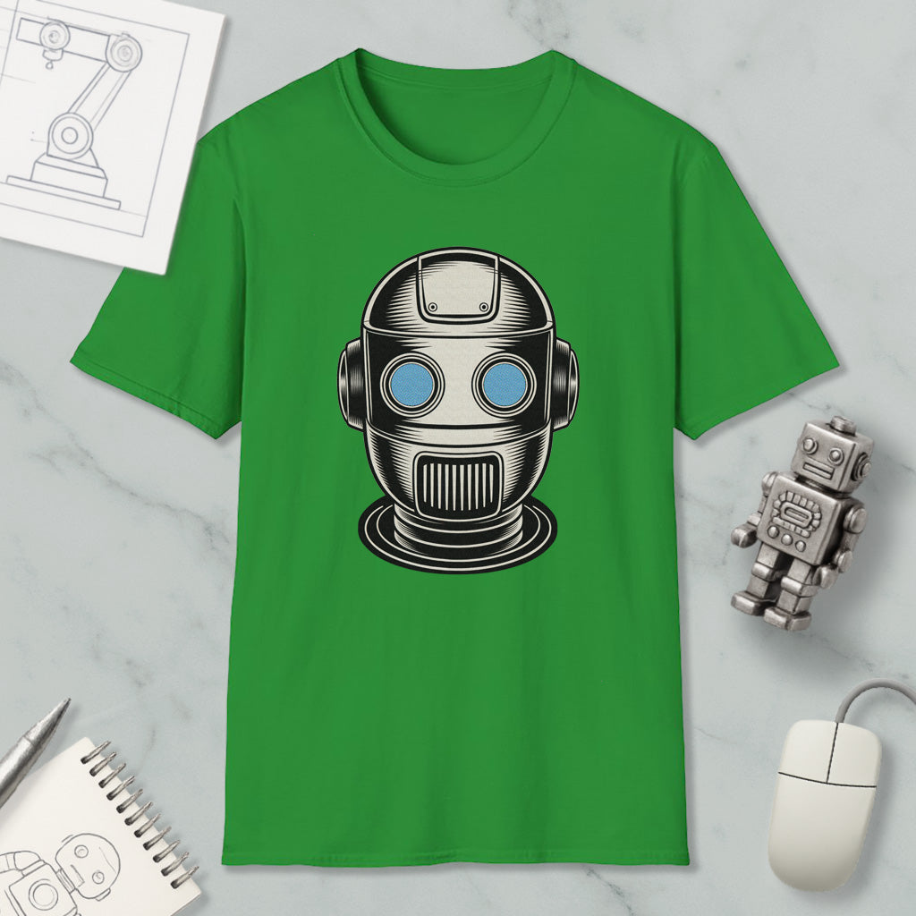 a green t-shirt with a graphic of a robot or robot head, along with a small robot and a computer mouse.