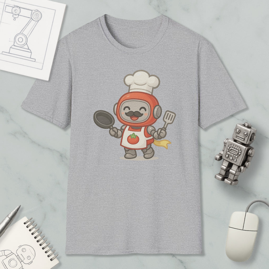 a gray t-shirt with a cartoon robot chef wearing a chef's hat and holding a frying pan and spatula. The t-shirt is displayed on a marble surface, along with a computer mouse, a pen, and a notebook.