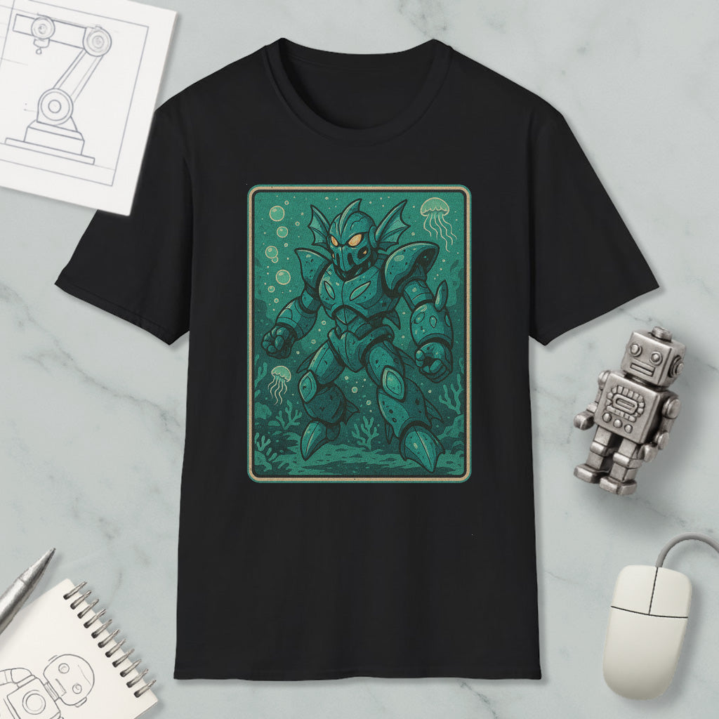 a black t-shirt with a graphic design depicting a green armored figure, possibly a robot or aquatic creature, surrounded by bubbles and marine life. The t-shirt is placed on a marble surface, with a computer mouse, a notepad, and a small robot figurine nearby.