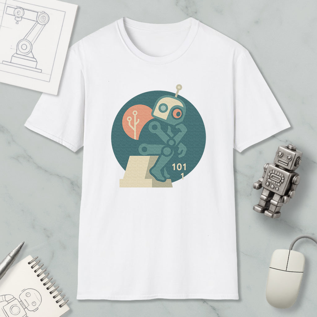 a white t-shirt with a graphic design of a robot, a computer mouse, and a notebook on a marble surface.