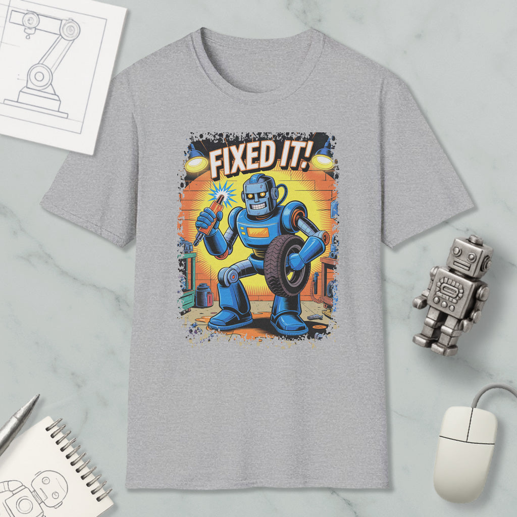 a gray t-shirt with a graphic design depicting a robot holding a wrench and the text "FIXED IT!"