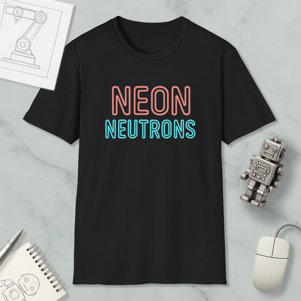 a black t-shirt with the text "NEON NEUTRONS" printed on it, along with a small robot and a computer mouse.