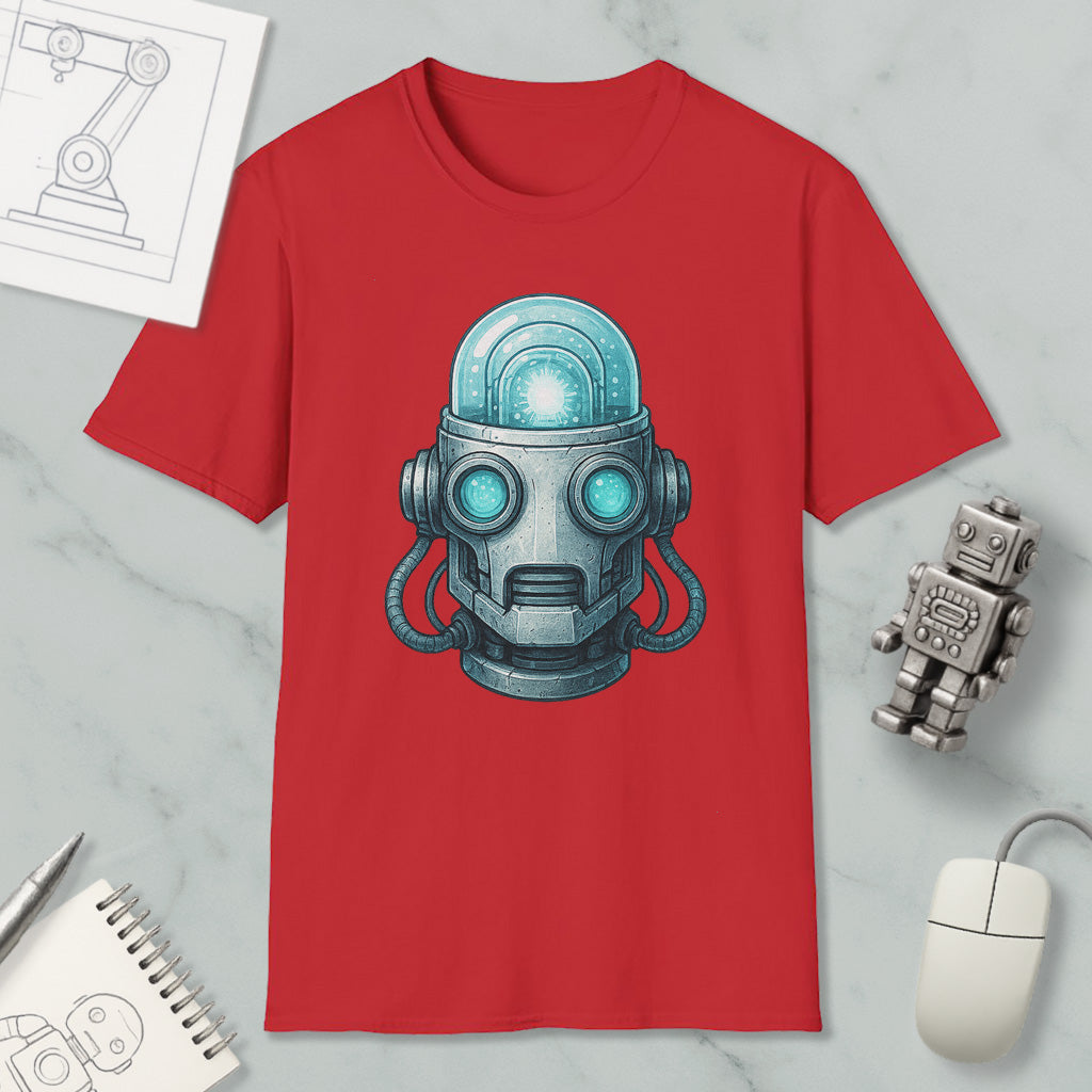 a red t-shirt with a graphic of a robot head, along with various objects such as a computer mouse, a notebook, and a pen.