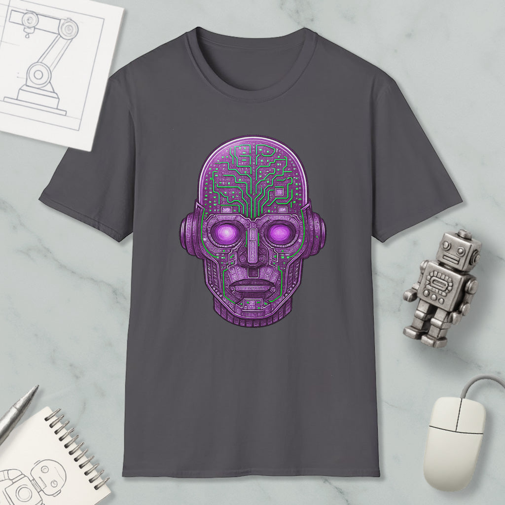 a gray t-shirt with a purple robot or cyborg head design, along with various objects such as a computer mouse, a notebook, and a pen.