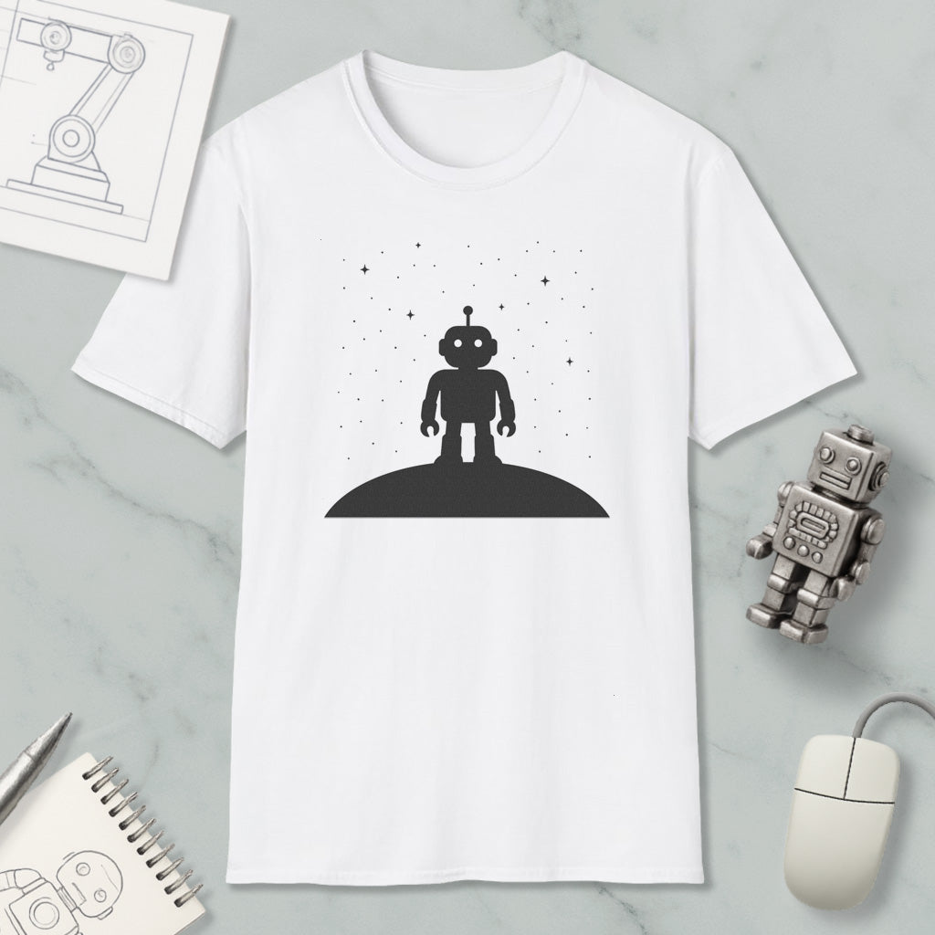 a white t-shirt with a black silhouette of a robot standing on a hill, surrounded by stars, and a small robot figurine is placed next to it.