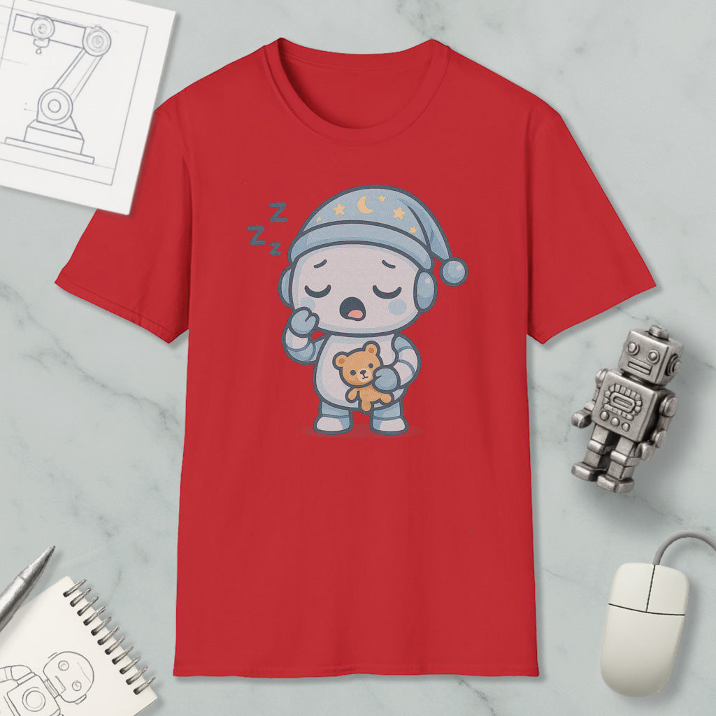 a red t-shirt with a cartoon robot wearing a blue hat and holding a teddy bear, along with a computer mouse and a notebook.