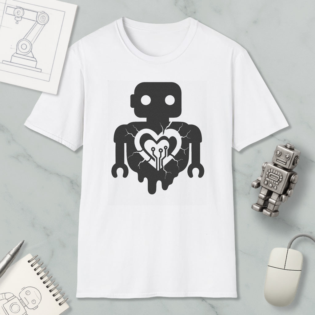 a white t-shirt with a black graphic design depicting a robot with a heart symbol, surrounded by various objects such as a computer mouse, a notebook, and a pen.